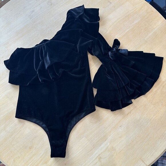 Misa Los Angeles Alecia Black Velvet One Shoulder Ruffle Bodysuit Size XS - Picture 1 of 12